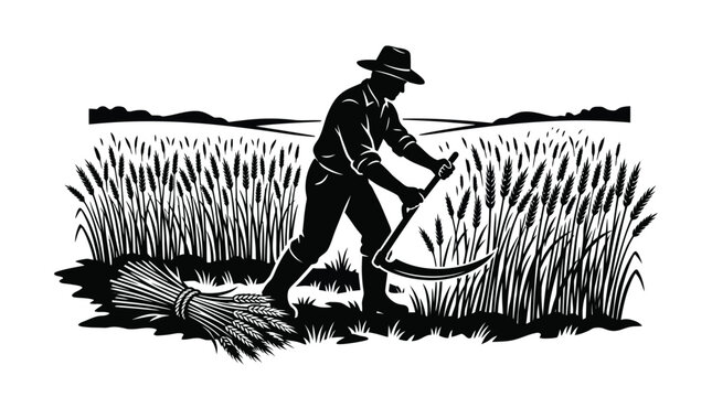 farmer harvesting wheat in field silhouette