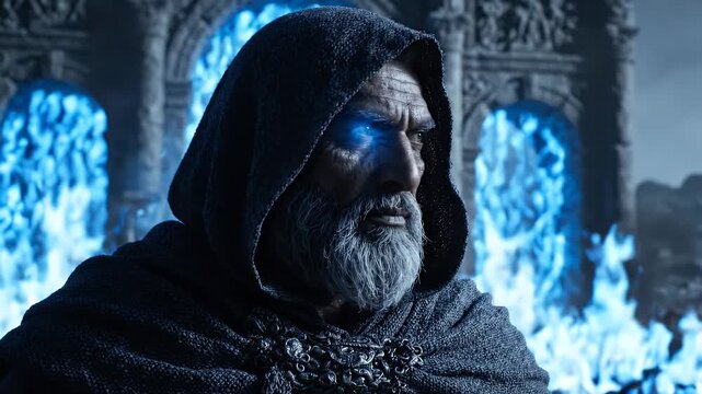 An ancient bearded sorcerer in a dark hooded cloak with intense glowing blue eyes, channeling potent mystical energy amidst an otherworldly fantasy landscape