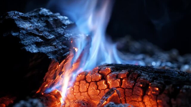 A mesmerizing close-up of vibrant blue and orange flames dancing on charred wood, creating a warm and intense display of natural energy and light