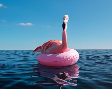 Pink flamingo floating on a swim ring in tropical water, playful summer vacation vibe, sunny pool scene and modern fun lifestyle aesthetic.