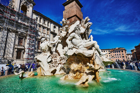 The Fontana dei Quattro Fiumi (Fountain of the Four Rivers), built in 1651, a famous Baroque fountain located in Piazza Navona in Rome, Italy, Europe