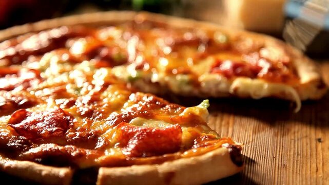 Close Up Hot Pepperoni Pizza Cheese Pull in 4K