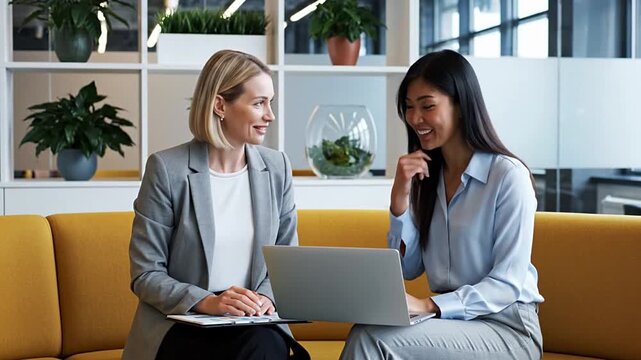 Two diverse businesswomen collaborate in a modern office, analyzing project data on a laptop. Focused discussion, teamwork, and strategic planning drive innovation, corporate growth, and digital...