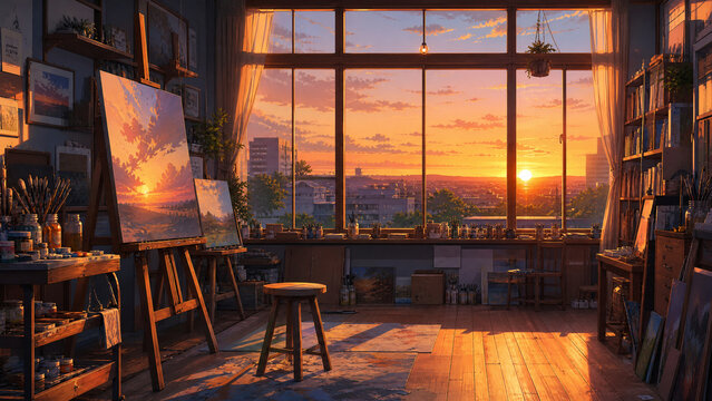 放課後のような雰囲気の夕方の部屋 アニメ風背景素材