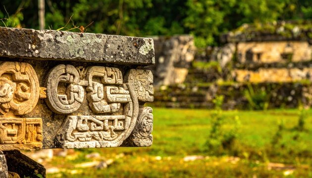 Intricately carved Mayan stone lintel with complex glyphs at an ancient temple ruin in a lush jungle setting