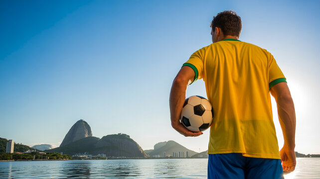 Man in brazilian soccer jersey holding ball by water