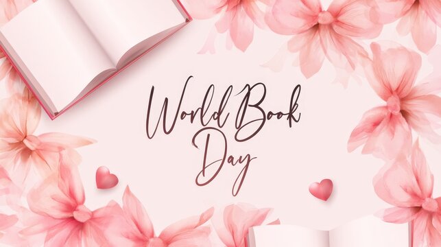 Pink flowers frame a soft, open book. Delicate hearts float beside elegant script. The image evokes gentle celebration of stories. Perfect for book lovers, educators, or literary events