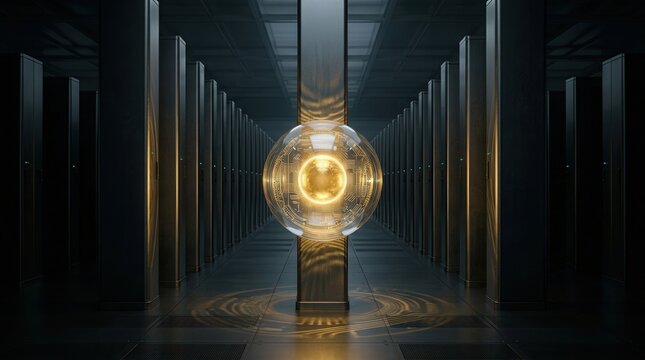 Glowing golden energy core in a futuristic server corridor