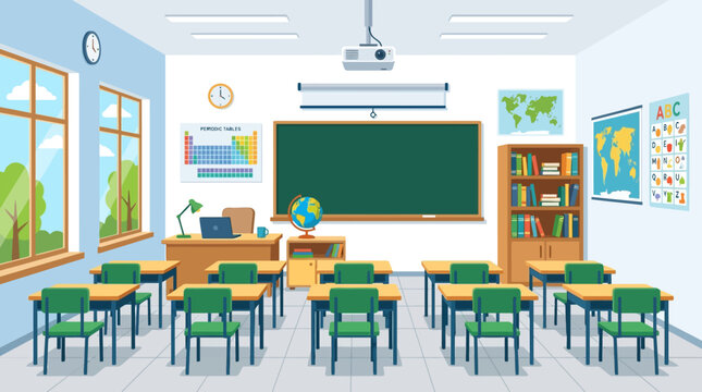 Green chairs in a classroom setting.