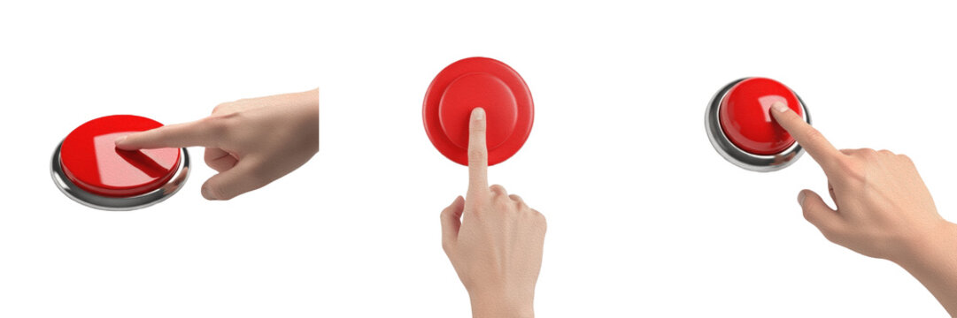 Set of Human Hand Finger Pressing Big Red Button Alert, Isolated on Transparent Background
