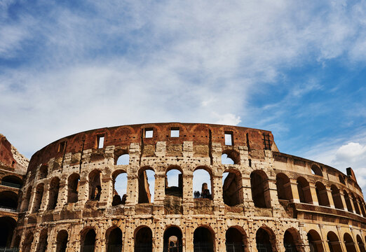 Architectural detail of the Colosseum, completed in 80 AD, the largest ancient amphitheatre ever built, located in the centre of Rome, Italy, Europe 