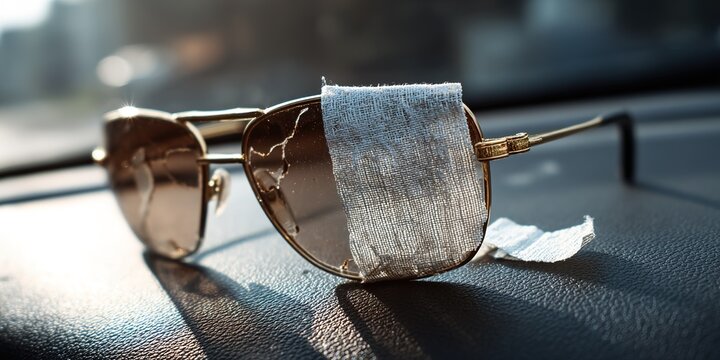 Damaged Sunglasses with Blue Cloth Patch on Dashboard