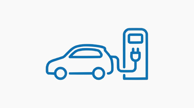 An icon representing an electric car charging at a charging station. The icon is a clean, minimalist blue line drawing on a white background