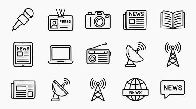 A collection of line art icons representing media and communication tools. The icons include a microphone, press pass, camera, newspaper, book, tablet, laptop, radio, satellite dish, antenna.