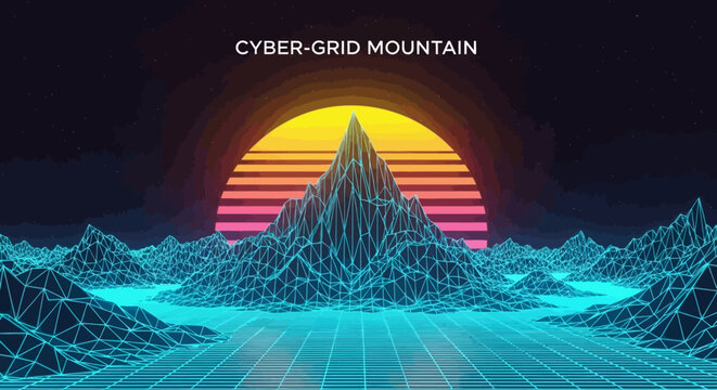 Vibrant retro-futuristic digital landscape featuring a glowing wireframe mountain range under an energetic neon sunset, evoking a nostalgic synthwave aesthetic