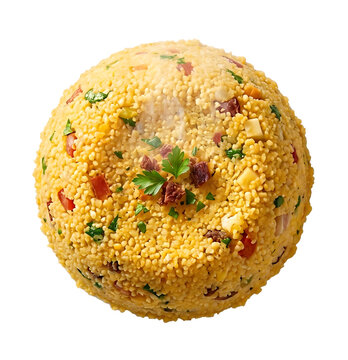 Brazilian Cuscuz Paulista Perfect Sphere Shaped with Bacon, Parsley, Red Pepper and Cheese, Isolated Transparent Background &mdash; Traditional Festa Junina Savory Food PNG Cutout