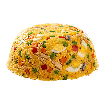 Brazilian Cuscuz Paulista Molded Dome with Chicken, Quail Eggs, Peas, Red Pepper, Carrot and Corn, Transparent Background &mdash; Traditional Festa Junina Savory Food PNG Cutout