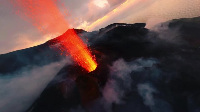 wide high-angle view of a volcanic eruption at twilight, red hot lava fountains exploding from the crater