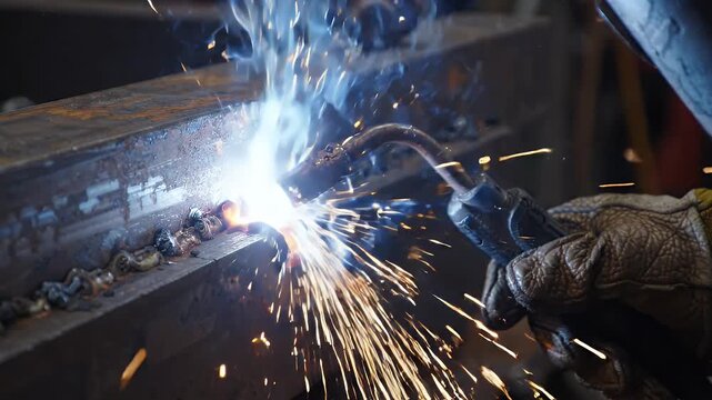 Close-up of a welder's gloved hand expertly performing a welding operation, creating a shower of bright sparks against a dark, industrial background