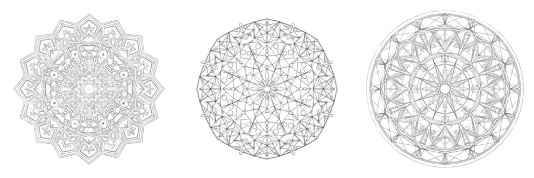 Set and collection of intricate black line art geometric mandala circular symmetry lace pattern adult coloring page asset isolated on white transparent png background