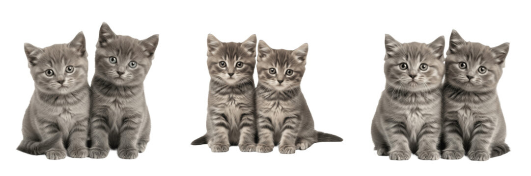 Set and collection of two cute identical grey tabby kittens sitting together brother and sister domestic pets isolated on white transparent png background