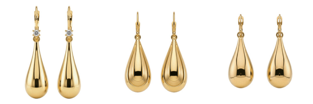 Set and collection of luxury elegant golden teardrop earrings pair premium fashion jewelry design isolated on white transparent png background