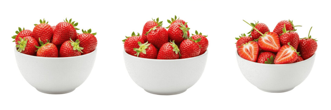 Set and collection of fresh organic red strawberries in a white ceramic porcelain bowl group dessert arrangement isolated on white transparent png background