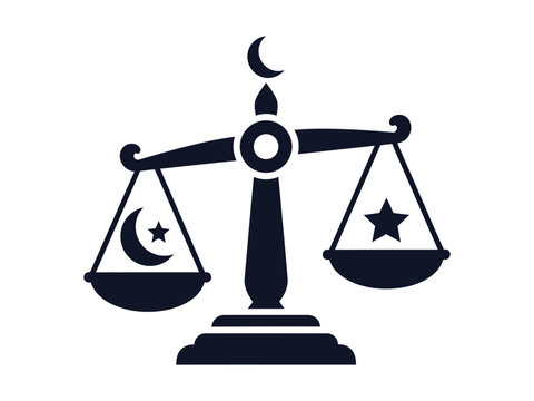 Islamic justice scales icon with crescent moon and star, sharia law symbol vector, religious legal system sign