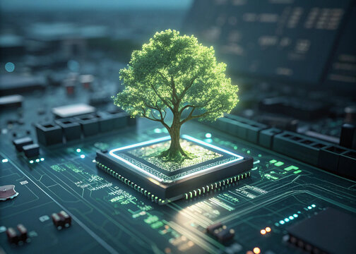 Green Technology Concept: Glowing Digital Tree Growing on a Computer Microchip Circuit Board, Eco Friendly AI and Sustainable Computing Innovation