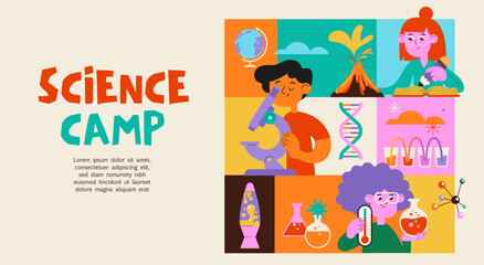 Colorful science camp poster and banner design. Kids learning and doing biology and chemistry experiment. STEM activities vector cartoon illustration 