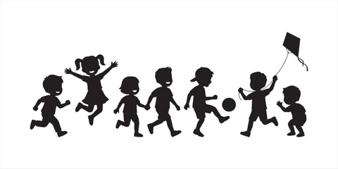Active children silhouette icons set, 8 vector boy figures playing and running, kids physical activity and outdoor recreation symbols on white background