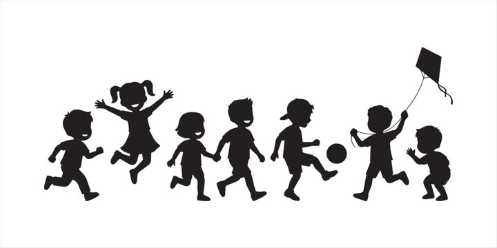 Active children silhouette icons set, 8 vector boy figures playing and running, kids physical activity and outdoor recreation symbols on white background
