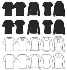 Naklejka premium Black and White T-Shirt and Hoodie Template Set — Apparel Mockup Front and Back Views