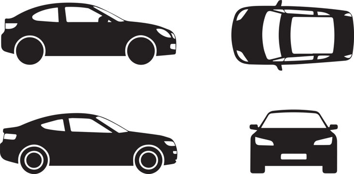 Black car silhouettes collection showing side top and front views with transport