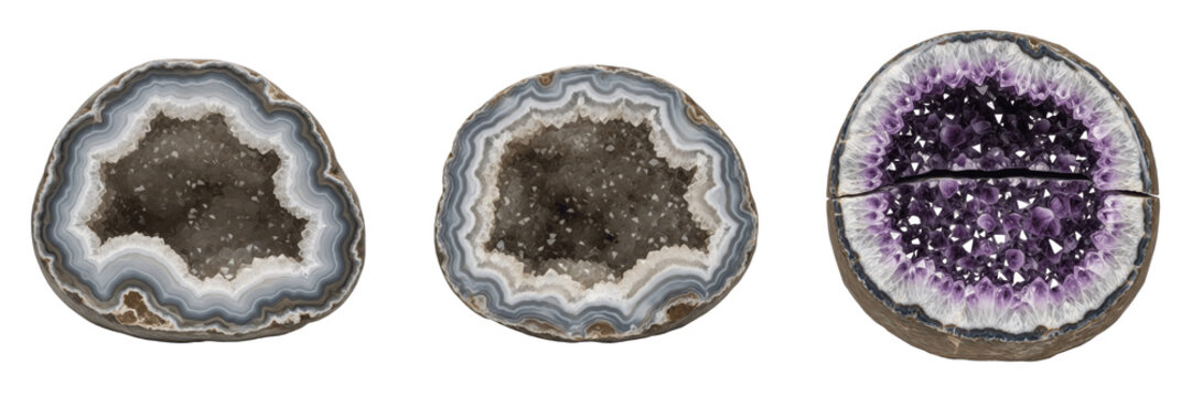Set and collection of natural crystalline quartz geode stone cluster crystal texture isolated on white transparent png background