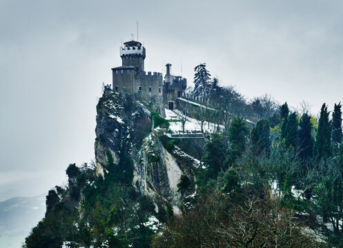Cesta Tower (also known as Torre Fratta), located on the highest peak of Mount Titano in the Republic of San Marino, Europe 