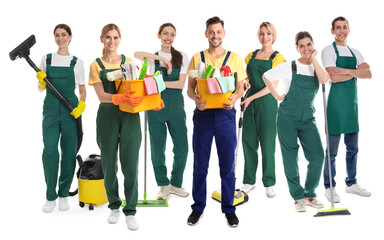 Obraz premium Group of cleaning service workers on white background