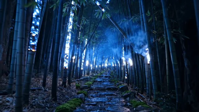 Enchanting twilight journey through a mystical bamboo forest, where a stone path guides the way under an ethereal blue glow and wisps of mist