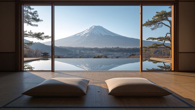 二人用の座布団が置かれた富士山を望む旅館の和室