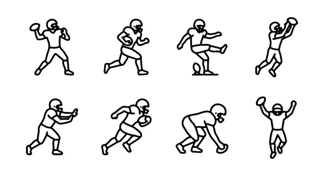 American Football Player Icons, Set of 8 Vector Graphics, Sport Action Figures