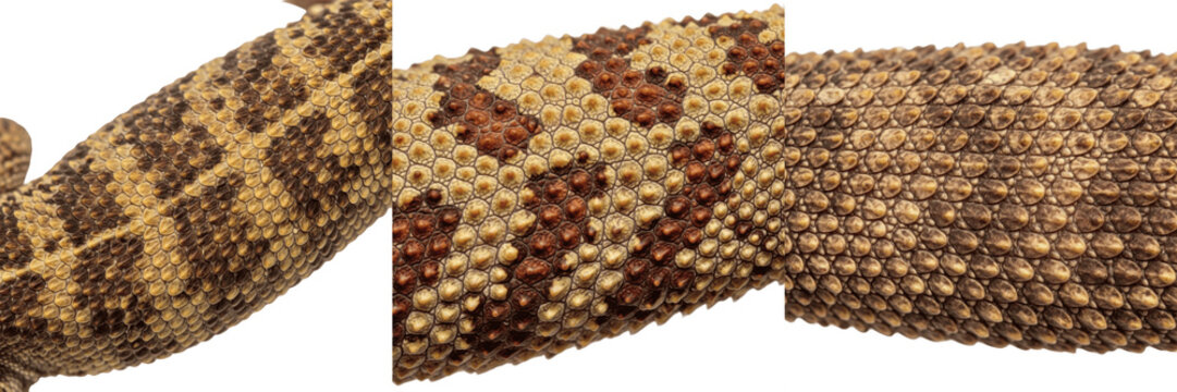Set and collection of organic brown snake skin texture pattern python leather material isolated on white transparent png background
