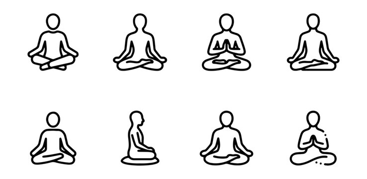 Yoga Poses Icons, Meditation Figures, Zen Mindfulness Vector Set