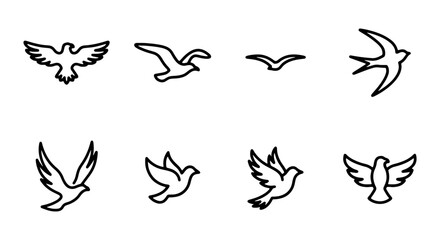 Fototapeta premium Minimalist Bird Silhouettes, Flying Icons Set, Simple Outline Avian Graphics