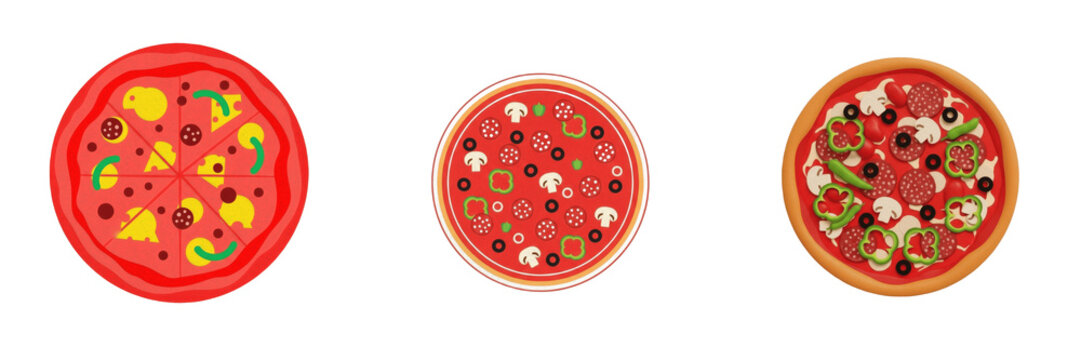 Set and collection of delicious fresh baked round Italian pepperoni pizza slice isolated on white transparent png background