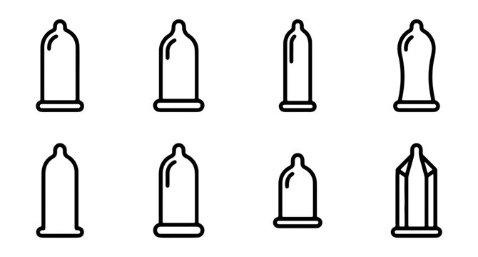 Condom Icons Set, Safe Sex Symbols, Latex Protection Vector Graphics