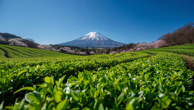春の茶畑の向こうに雪の富士山がそびえる日本の里山風景写真