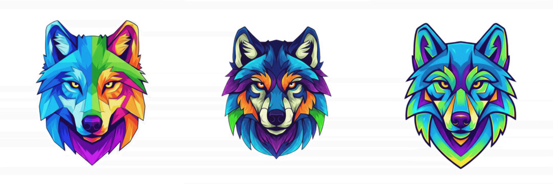 Set and collection of majestic multi-colored artistic wolf head pop art sticker graphic design isolated on white transparent png background