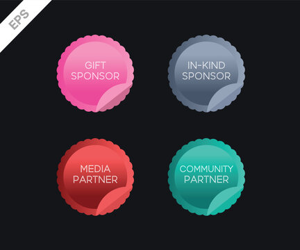 Pink grey red teal sponsor and partner stickers with flat design dark background recognition collection community achievement business template