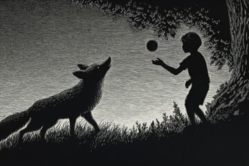 Fototapeta premium Silhouetted child and fox face each other. Child holds a ball, poised to throw. Fox tilts head, as if curious or playful. Grass and water ripple beneath their feet