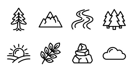 Obraz premium Nature Icons Set: Mountains, Trees, River, Sun, Cloud, Stone Stack, Branch, Vector Graphics